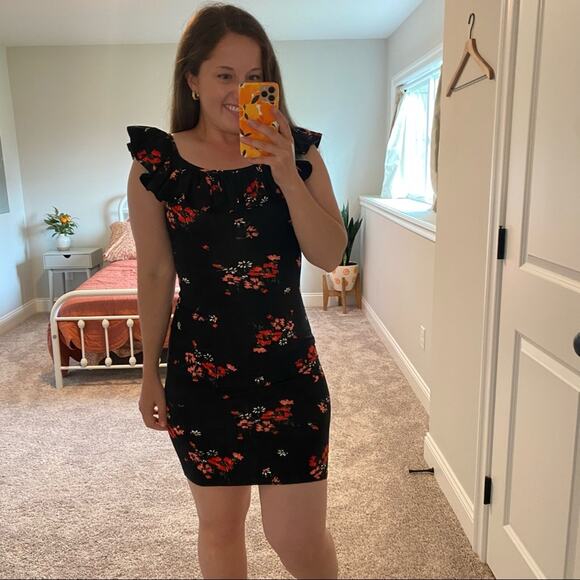 Rebecca Taylor Black Red Floral Cotton Ruffle Bodycon Mini Dress XS - Picture 2 of 12